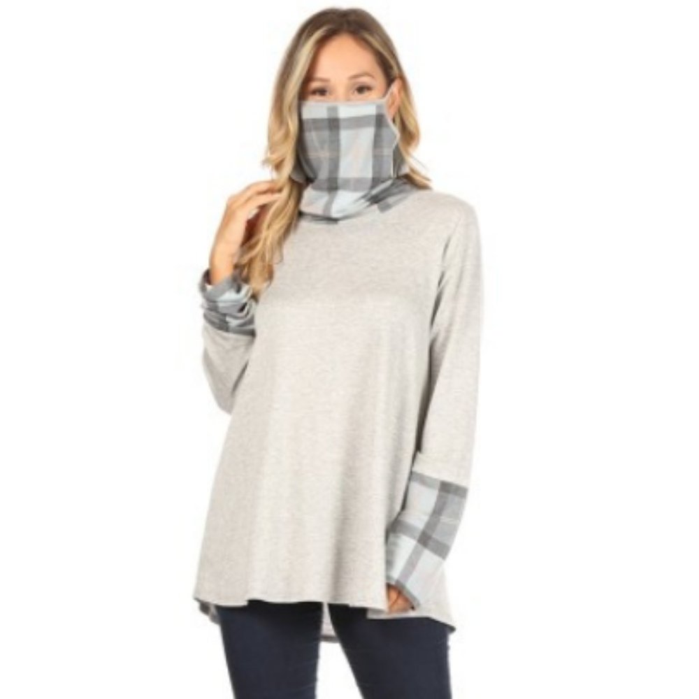 Plaid And Solid Top With Attached Face Covering - image 3